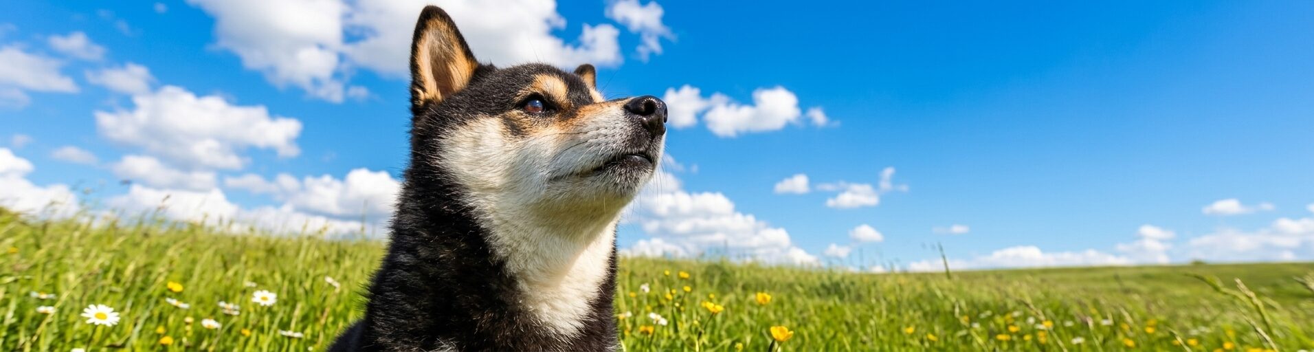 愛犬がじゅまるが草原に立っている